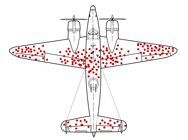 A line drawing of an aeroplane with lots of red dots on the wings, representing bullet holes
